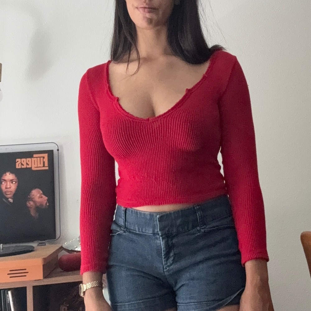 Out From Under Urban Outfitters Red Ribbed Long Sleeve Crop Top Small Distressed
